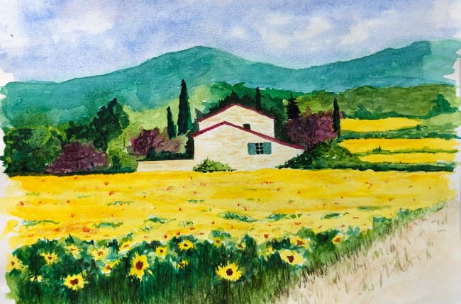 Watercolor sunny landscape