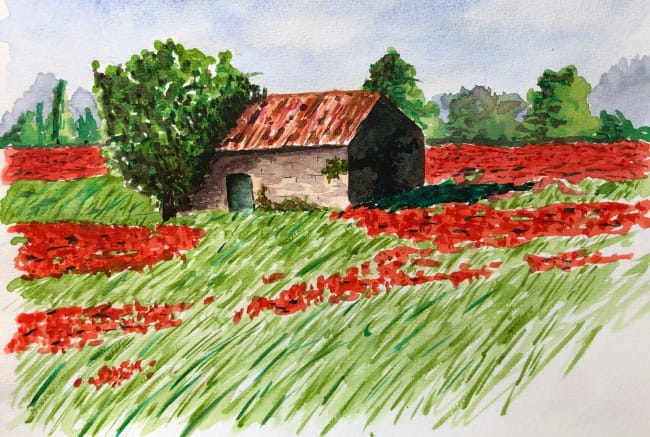 Watercolor poppy field