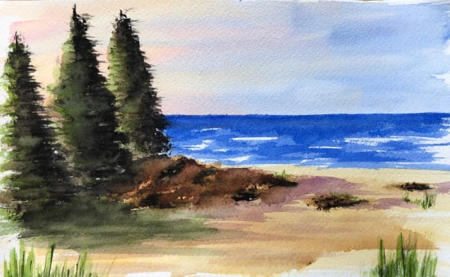 Watercolor coast with pines